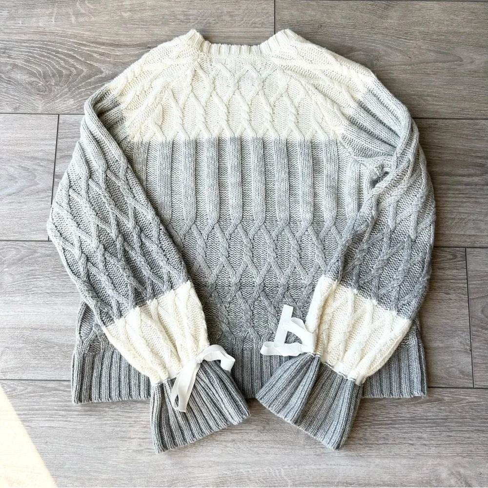 Max Studio Colour  Block Wool Blend Cable Knit Ruffle Sleeve Sweater - Picture 12 of 13